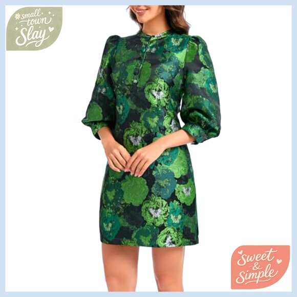 Floral Jacquard Shift Dress Long Puff Sleeve Button Up Cocktail Mini - Picture 2 of 7